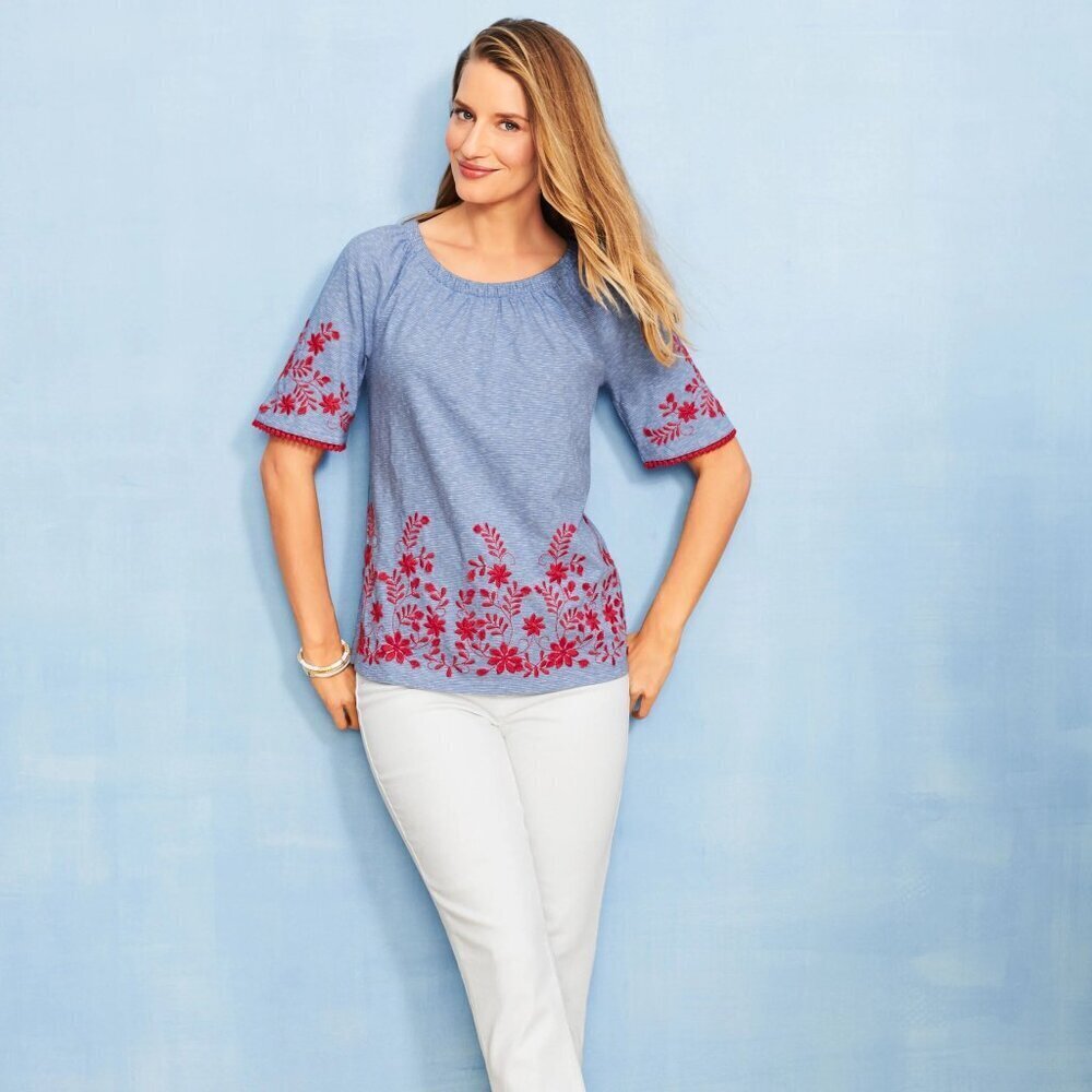 Talbots Women's Size PS Blue Floral Embroidered Short Sleeve Off Shoulder Top